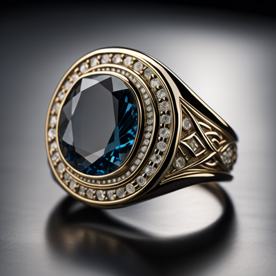 טבעת יוקרתית  לגבר, איצוב אישי, ספיר כחול, יהלומים, זהב צהוב