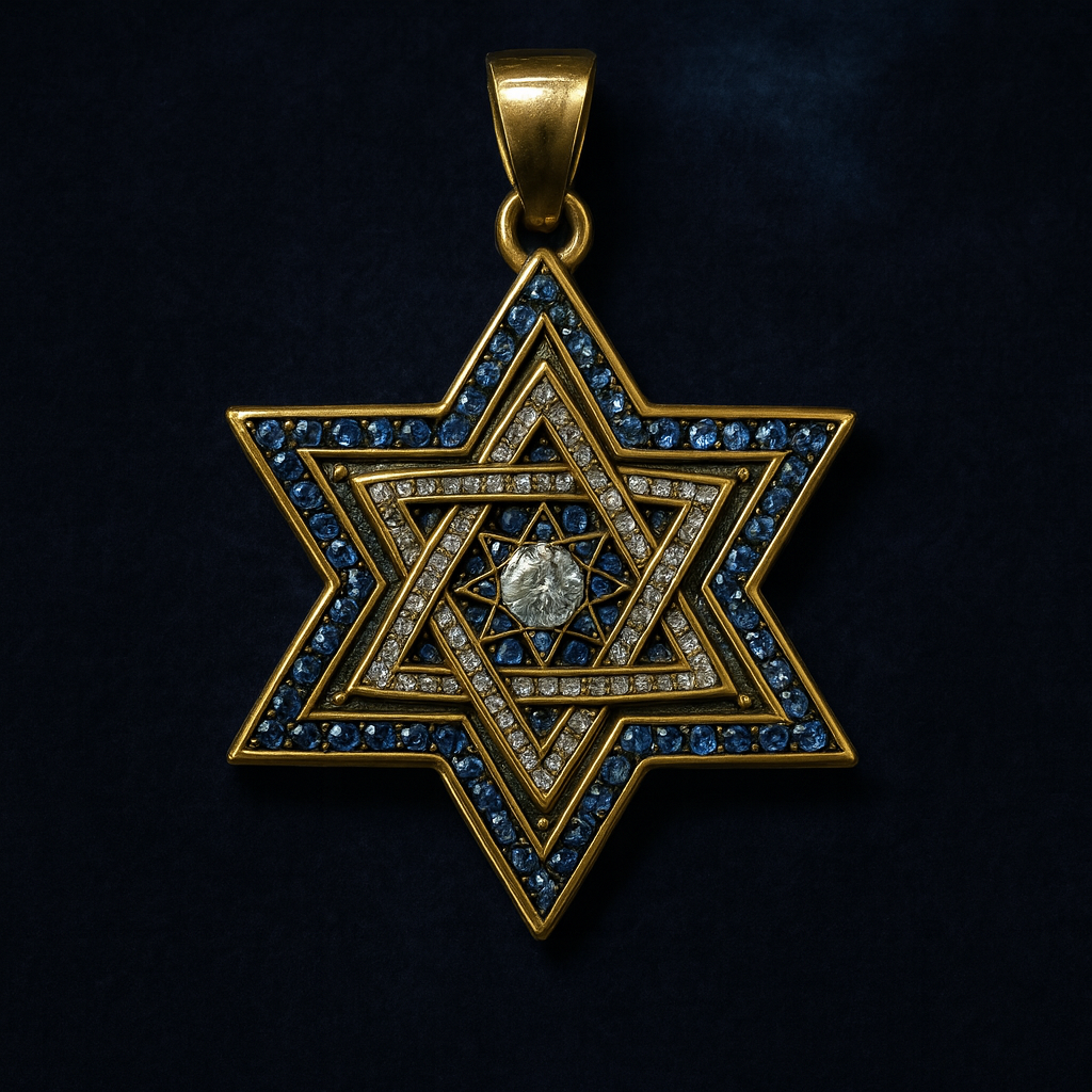 תליון מגן דוד עם ספירים כחולים ויהלומים