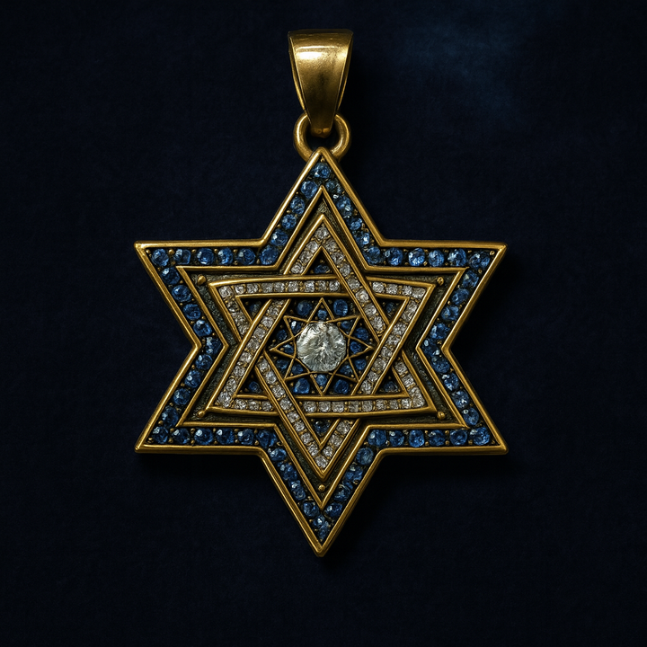 תליון מגן דוד עם ספירים כחולים ויהלומים