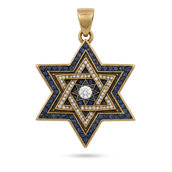 תליון מגן דוד עם ספירים כחולים ויהלומים