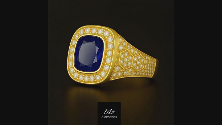 טבעת לגבר עם ספיר כחול קושן ויהלומים