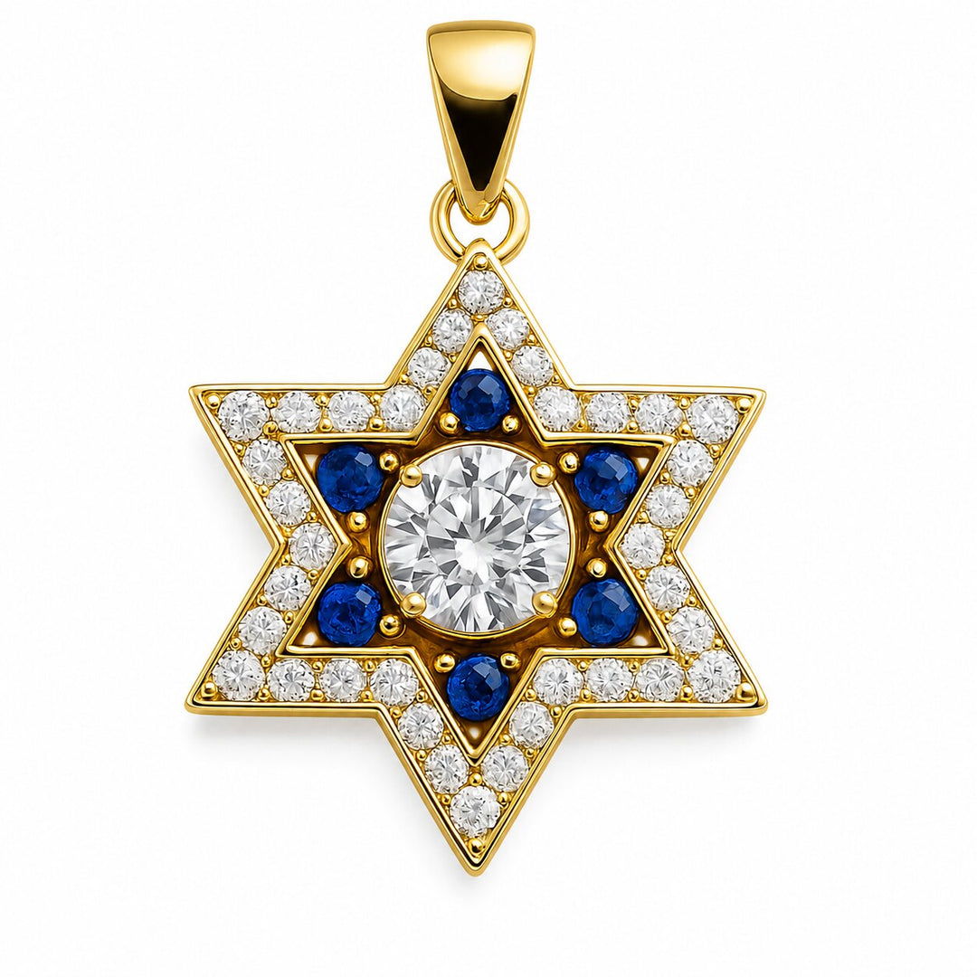 תליון מגן דוד יהלום וספירים – צילום מוצר על רקע לבן